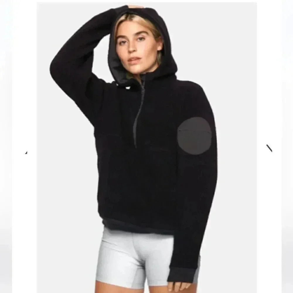 Outdoor Voices Womens XS MegaFleece 1/4 Zip Hoodie Sweatshirt Pockets Black Wool - Picture 7 of 11